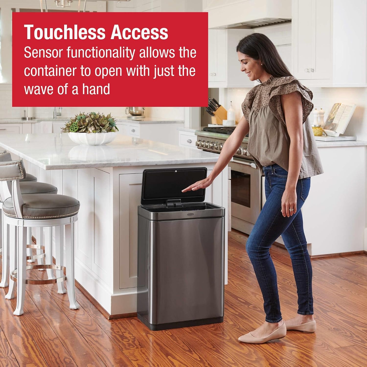 image:imageRubbermaid Elite Stainless Steel Slim Sensor Trash Can 12Gallon Batteries Included Charcoal Wastebasket for HomeKitchenGarageApartmentOfficeSensor