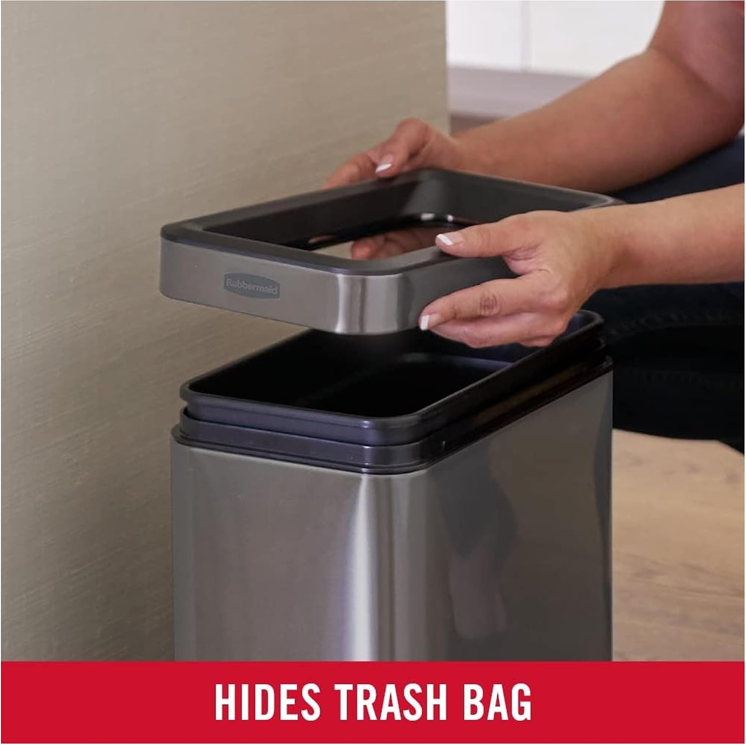 image:imageRubbermaid Stainless Steel Slim StepOn Trash Can 26Gallon Charcoal Wastebasket with Lid for HomeBathroomKitchenOpen Top