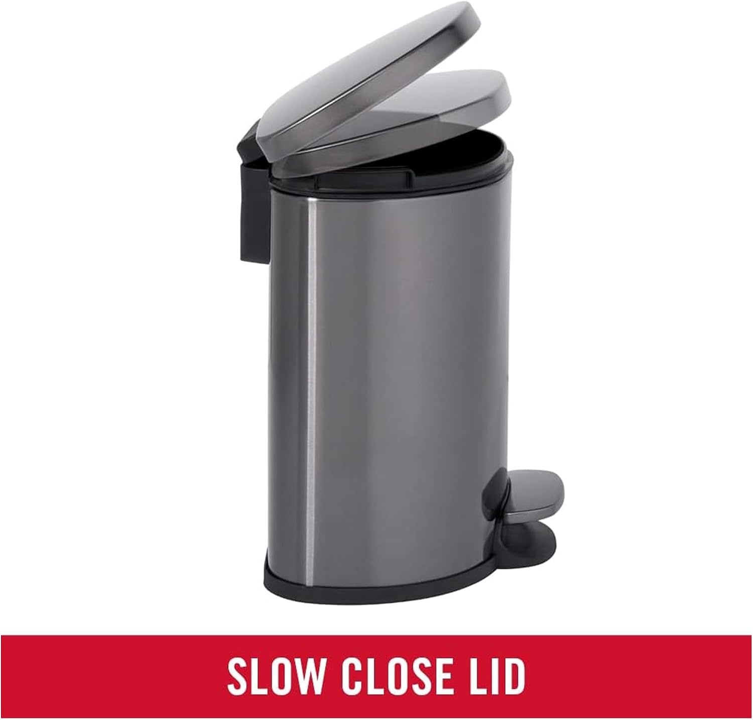 image:imageRubbermaid Stainless Steel Slim StepOn Trash Can 26Gallon Charcoal Wastebasket with Lid for HomeBathroomKitchenSemiRound StepOn