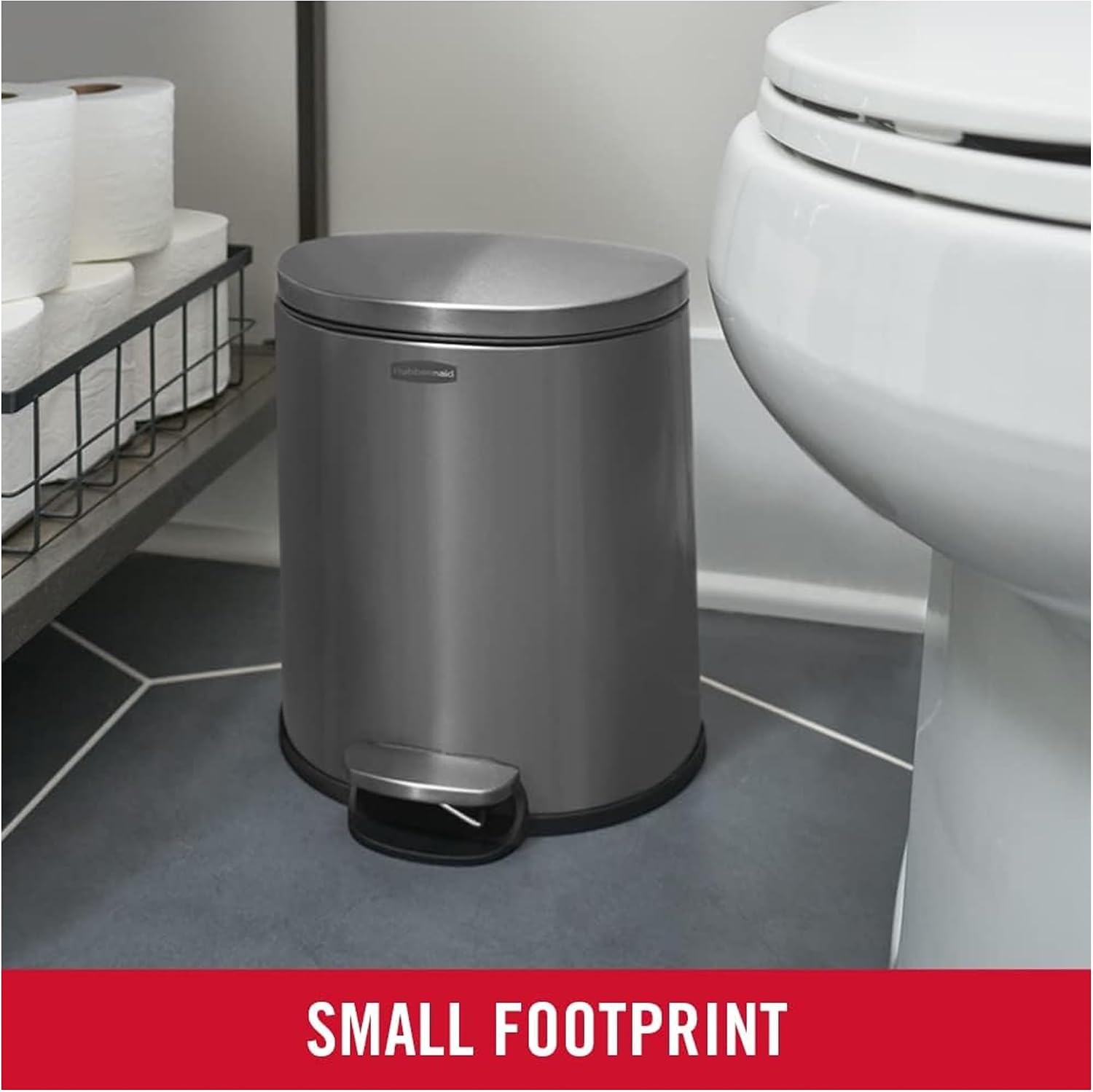 image:imageRubbermaid Stainless Steel Slim StepOn Trash Can 26Gallon Charcoal Wastebasket with Lid for HomeBathroomKitchenSemiRound StepOn