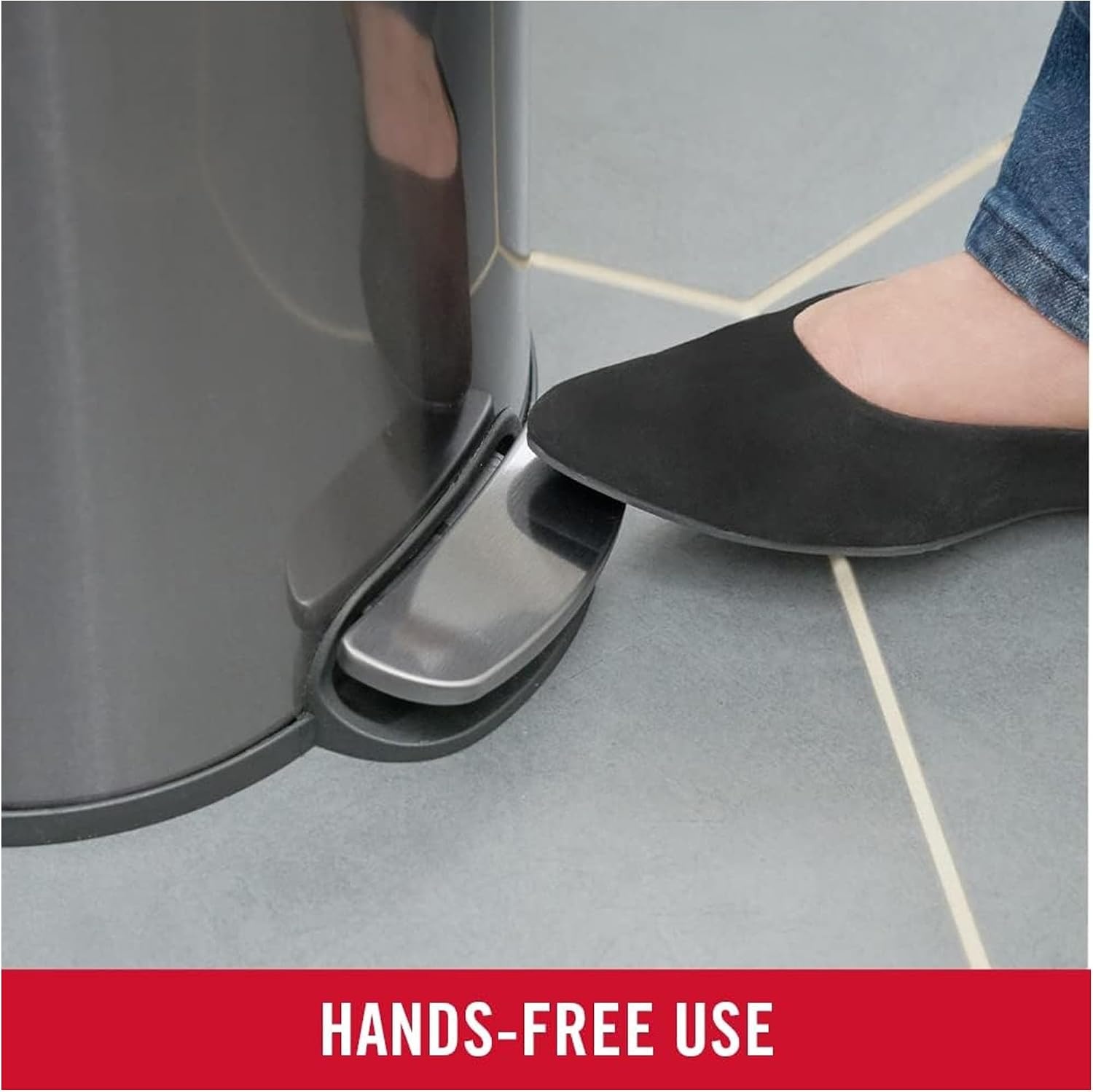 image:imageRubbermaid Stainless Steel Slim StepOn Trash Can 26Gallon Charcoal Wastebasket with Lid for HomeBathroomKitchenSemiRound StepOn