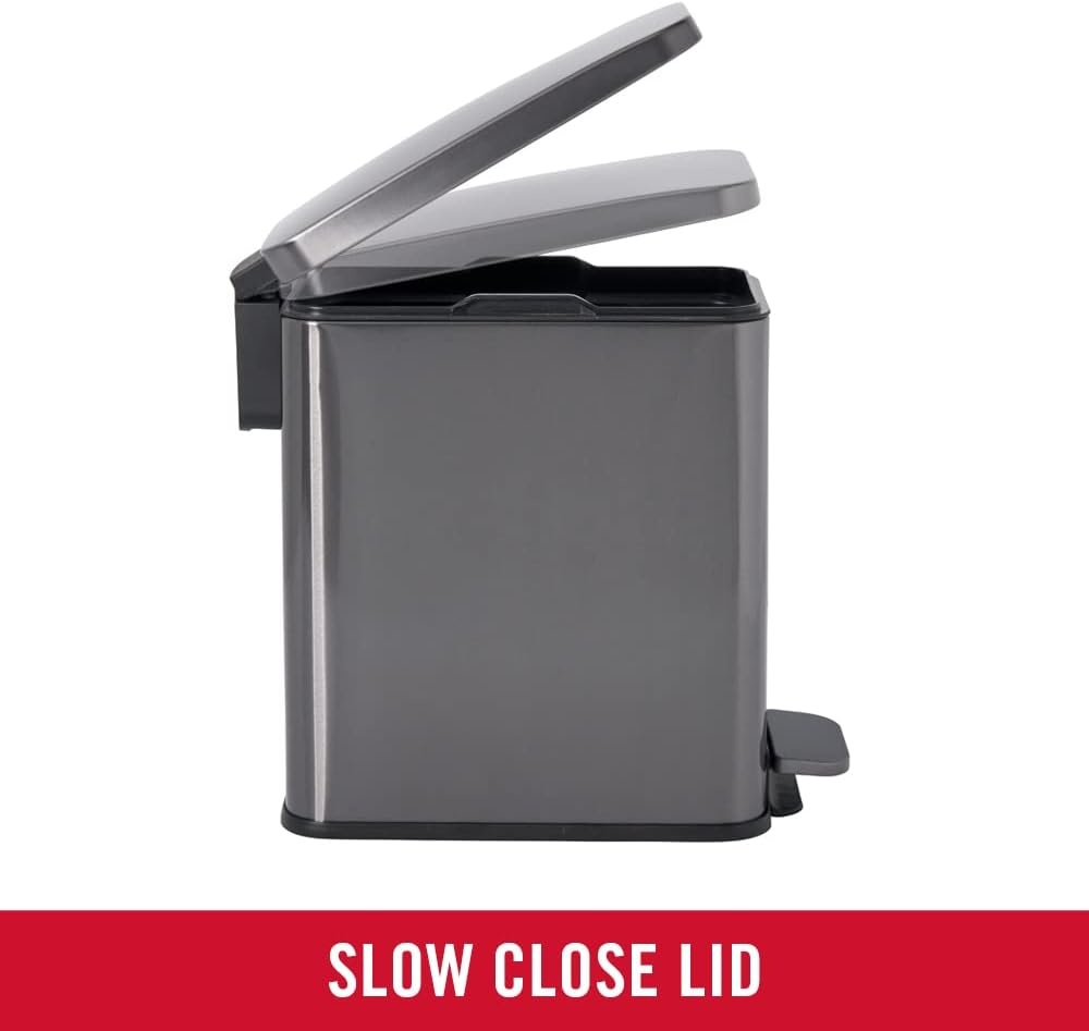 image:imageRubbermaid Stainless Steel Slim StepOn Trash Can 26Gallon Charcoal Wastebasket with Lid for HomeBathroomKitchenSlim StepOn