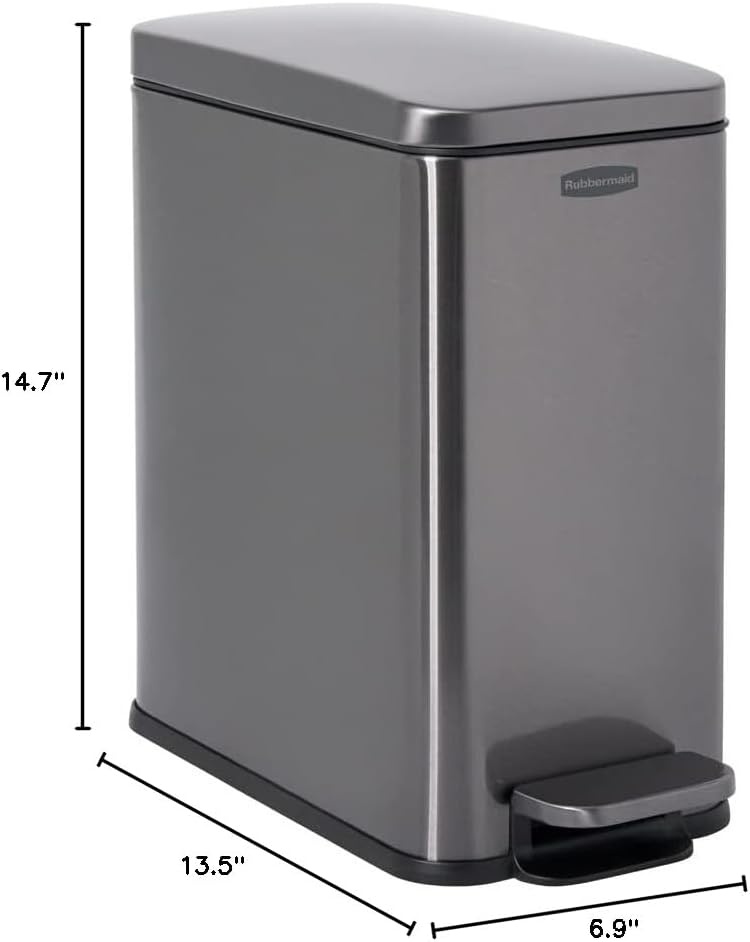 image:imageRubbermaid Stainless Steel Slim StepOn Trash Can 26Gallon Charcoal Wastebasket with Lid for HomeBathroomKitchenSlim StepOn