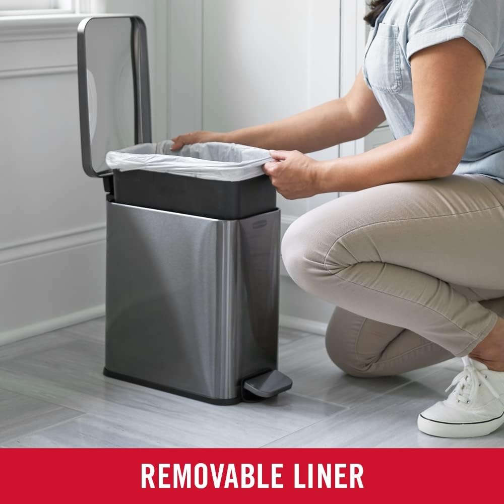 image:imageRubbermaid Stainless Steel Slim StepOn Trash Can 26Gallon Charcoal Wastebasket with Lid for HomeBathroomKitchenSlim StepOn
