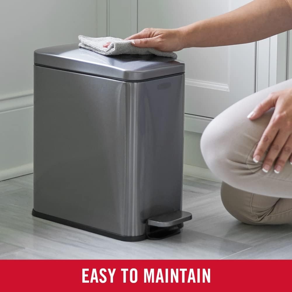 image:imageRubbermaid Stainless Steel Slim StepOn Trash Can 26Gallon Charcoal Wastebasket with Lid for HomeBathroomKitchenSlim StepOn