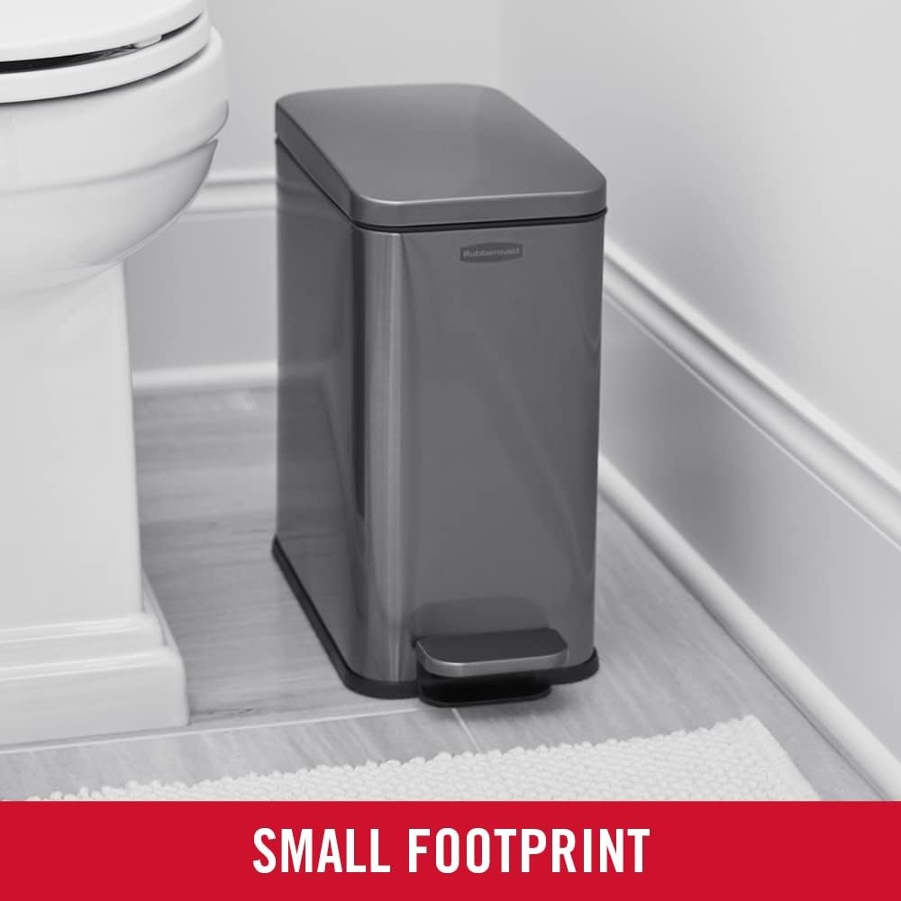 image:imageRubbermaid Stainless Steel Slim StepOn Trash Can 26Gallon Charcoal Wastebasket with Lid for HomeBathroomKitchenSlim StepOn
