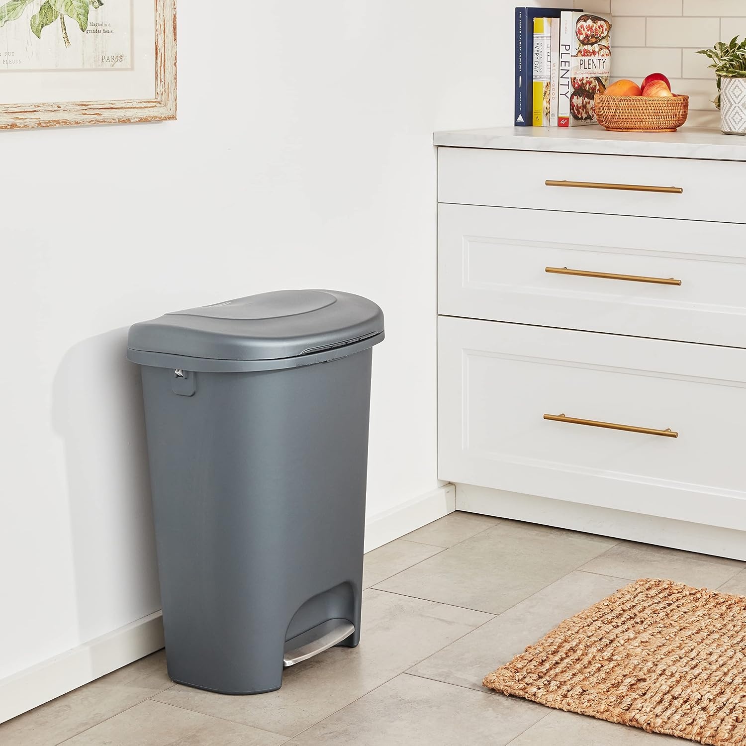 image:imageRubbermaid Classic StepOn Trash Can with Lid 13Gallon Black Easy Clean Wastebasket for HomeKitchenBedroomOfficeGarageGunmetal Blue