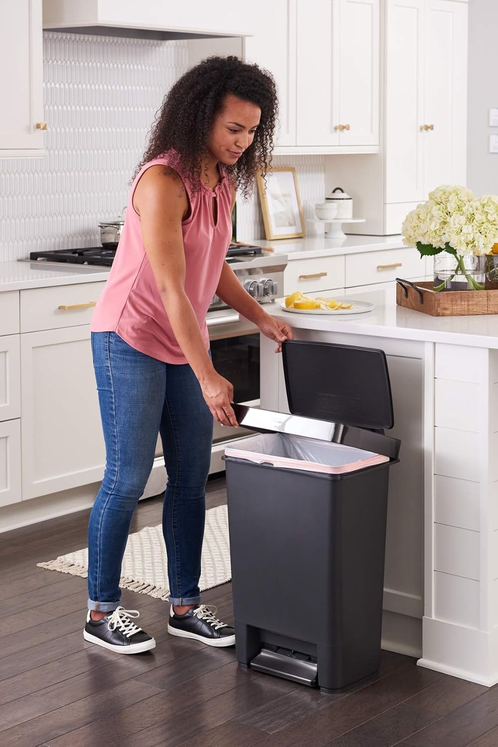 image:imageRubbermaid Premier Series IV StepOn Trash Can for Home and Kitchen 124 Gallon Stainless Steel Lid Charcoal for HomeKitchenGarageApartmentOfficeMetal Rim Resin Lid