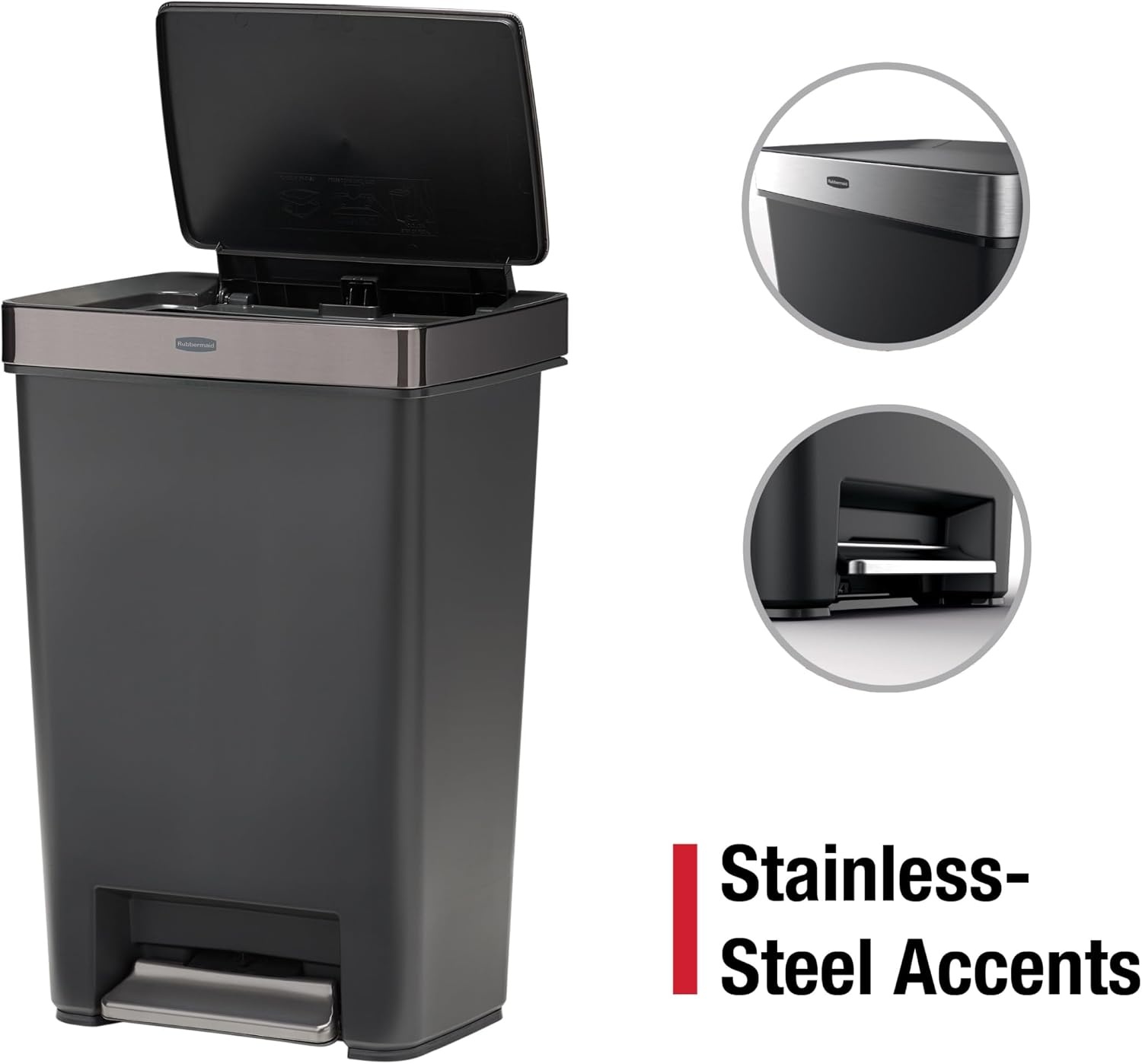 image:imageRubbermaid Premier Series IV StepOn Trash Can for Home and Kitchen 124 Gallon Stainless Steel Lid Charcoal for HomeKitchenGarageApartmentOfficeMetal Rim Lid