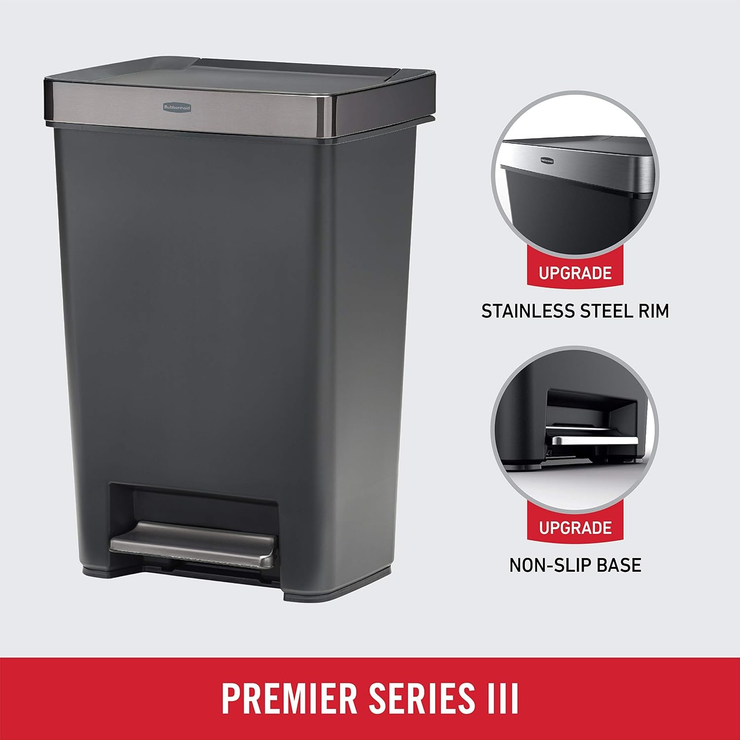 image:imageRubbermaid Premier Series IV StepOn Trash Can for Home and Kitchen 124 Gallon Stainless Steel Lid Charcoal for HomeKitchenGarageApartmentOfficeMetal Rim Resin Lid