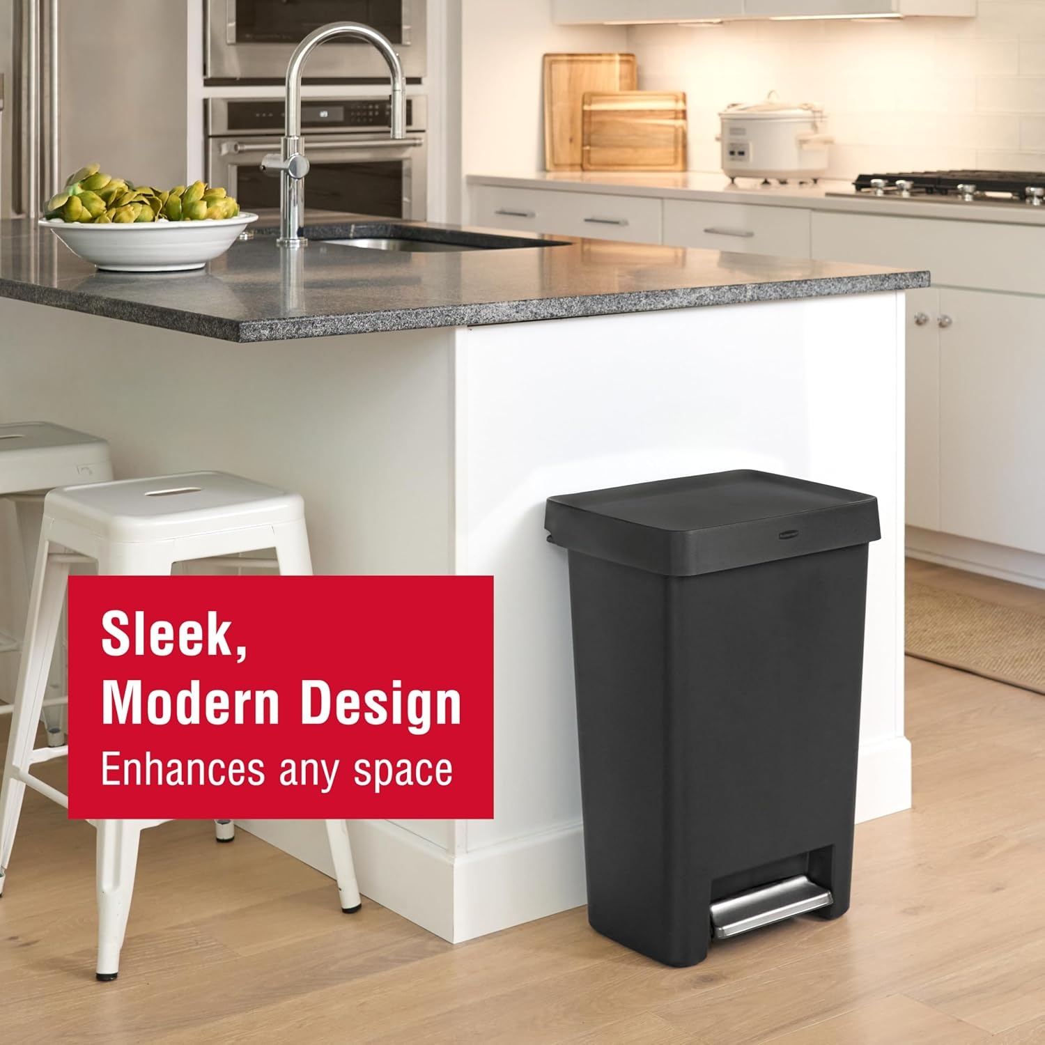 image:imageRubbermaid StepOn Kitchen Trash Can with Lid 124 Gallon Black Plastic Garbage Container for HomeKitchenApartmentGarage