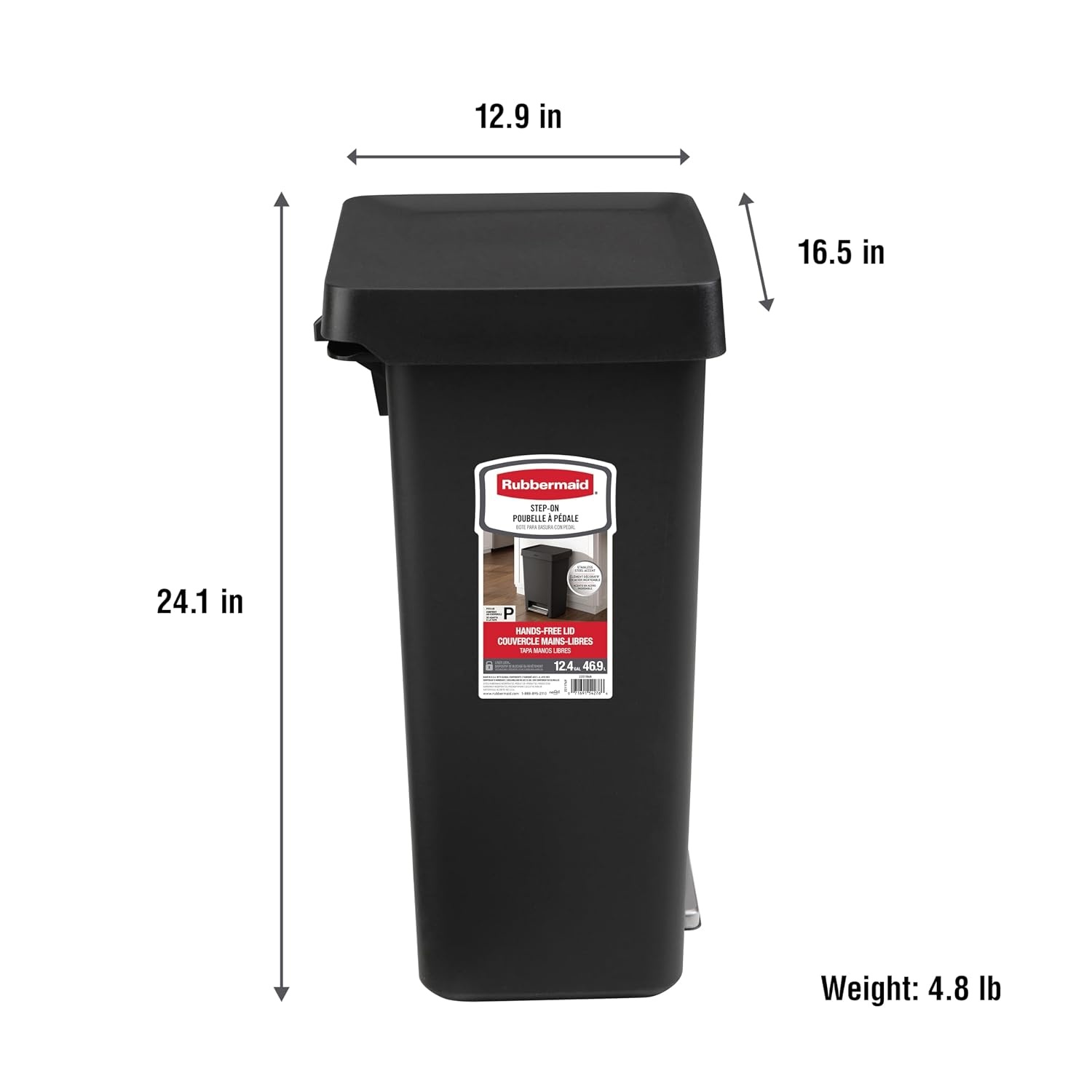 image:imageRubbermaid StepOn Kitchen Trash Can with Lid 124 Gallon Black Plastic Garbage Container for HomeKitchenApartmentGarage