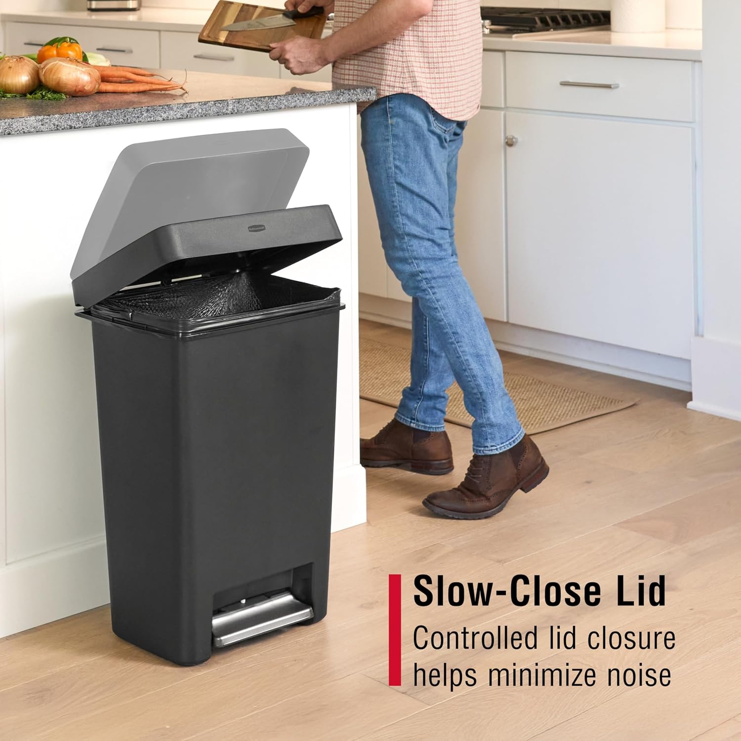 image:imageRubbermaid StepOn Kitchen Trash Can with Lid 124 Gallon Black Plastic Garbage Container for HomeKitchenApartmentGarage